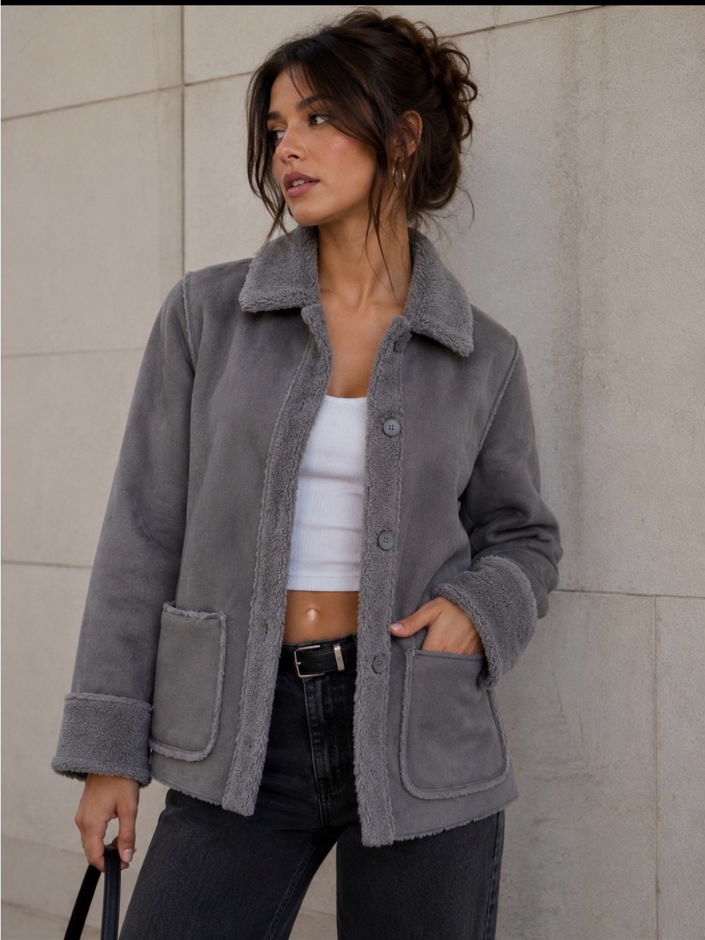 Brandon Thomas Plush Button-Front Teddy Jacket in Gray,Size Small